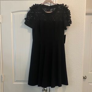 Elegant Black Midi Dress with Floral Accents, Sz 8 NWT